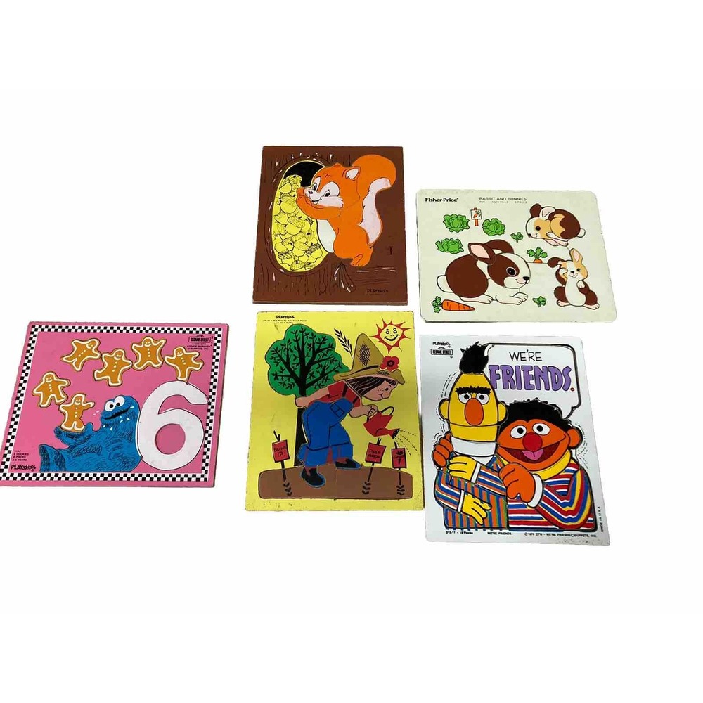 Lot of 5Vintage Playskool ,Sesame St. ,Fisher Wooden Puzzles - Used Condition